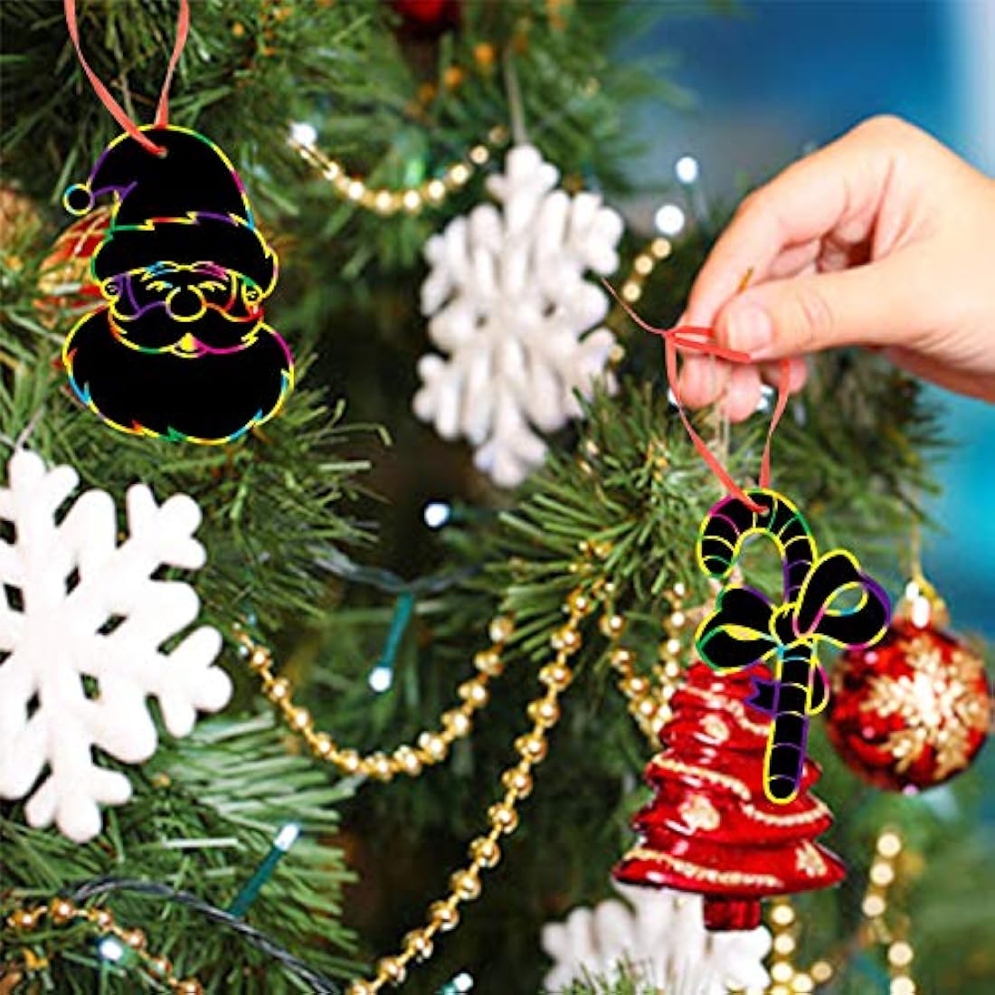 Jolof Store Christmas Scratch Art Ornaments - 80 Rainbow Paper DIY Cards