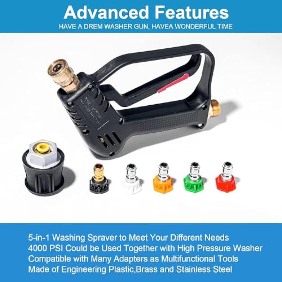 YUET High Pressure Washer Gun with 5 Nozzles | 4350 PSI M22-14mm Fitting