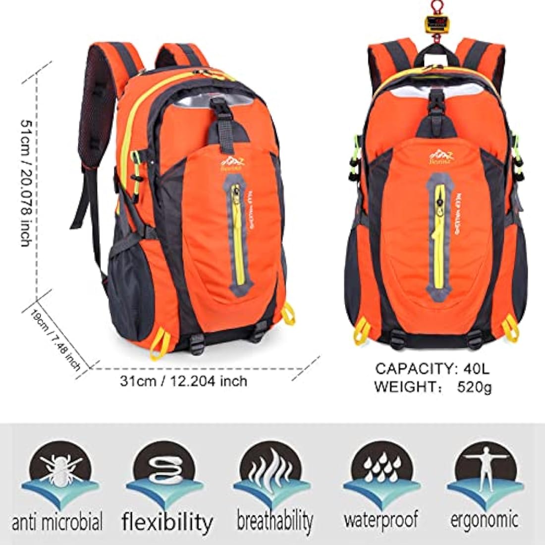 Besrina 40L Lightweight Hiking Backpack | Water-Resistant Daypack