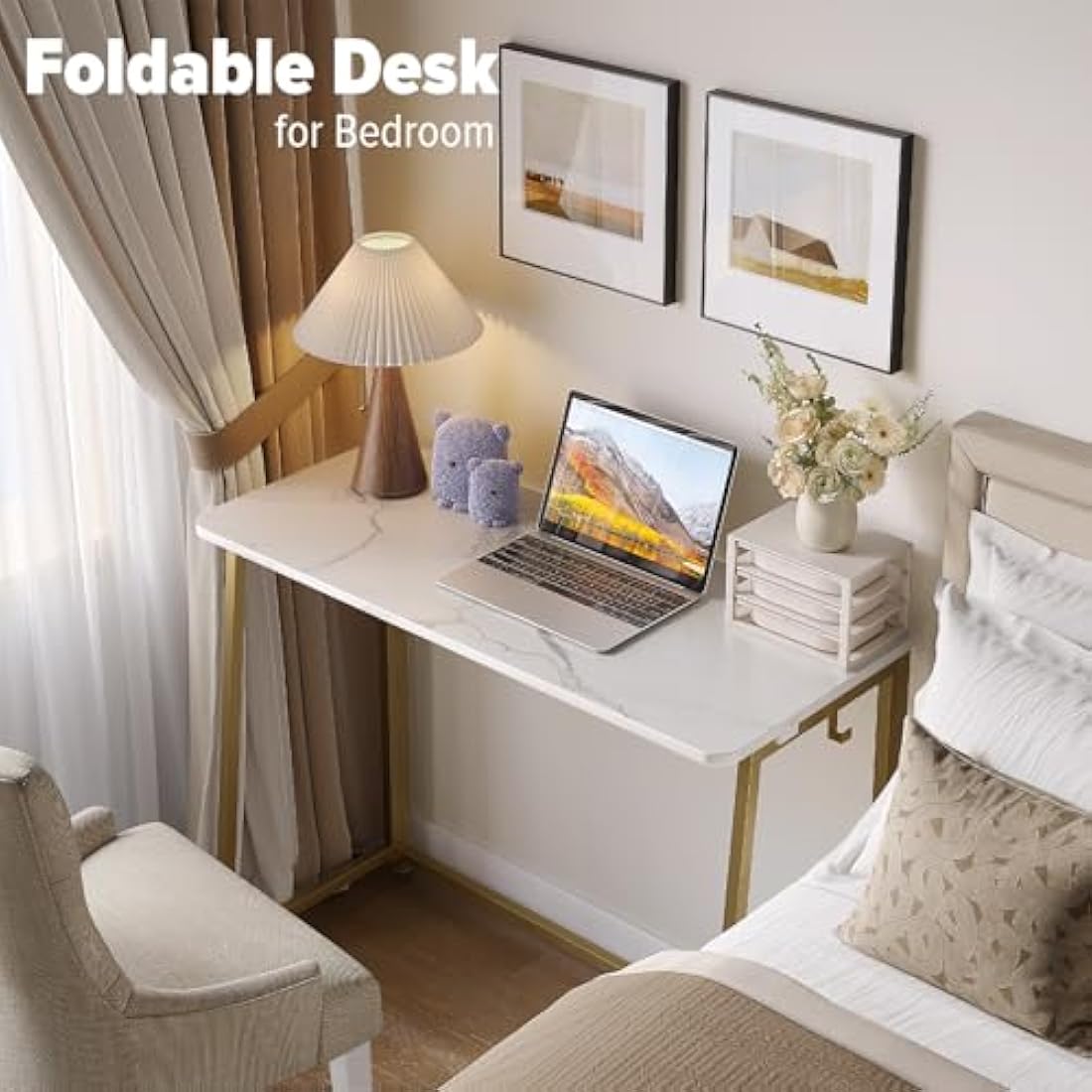 Folding Desk – Small Space-Saving Laptop Table, White and Gold