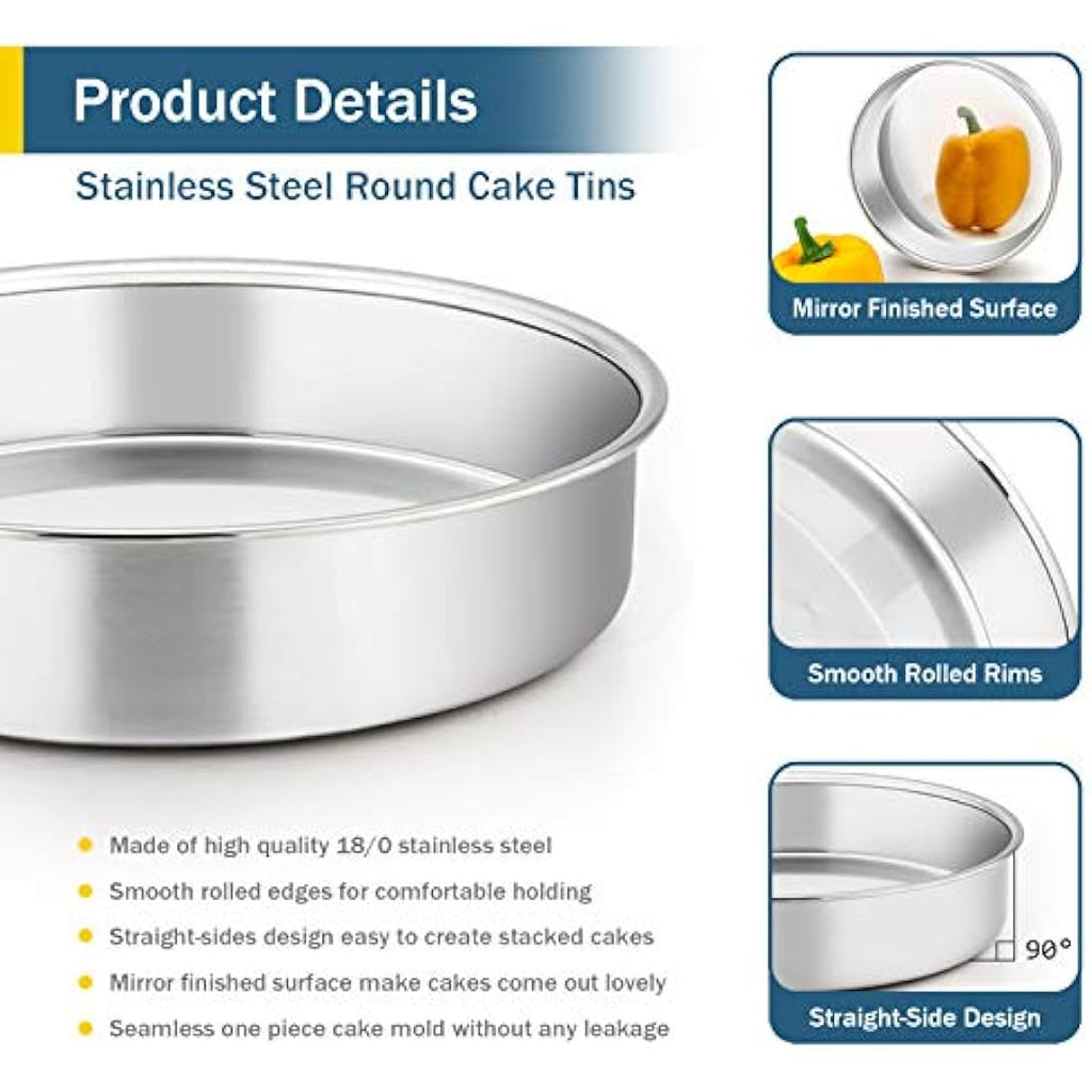 Homikit 9.5 Inch Round Cake Tin Set | 3-Piece Stainless Steel Baking Pans