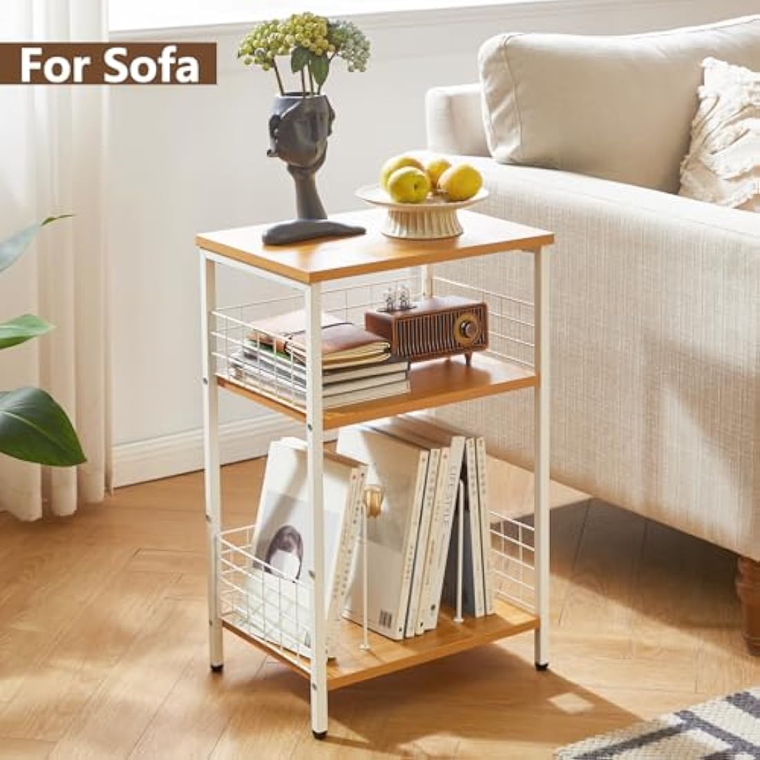 YMYNY 3-Tier Record Player Stand – Industrial Side Table, Natural