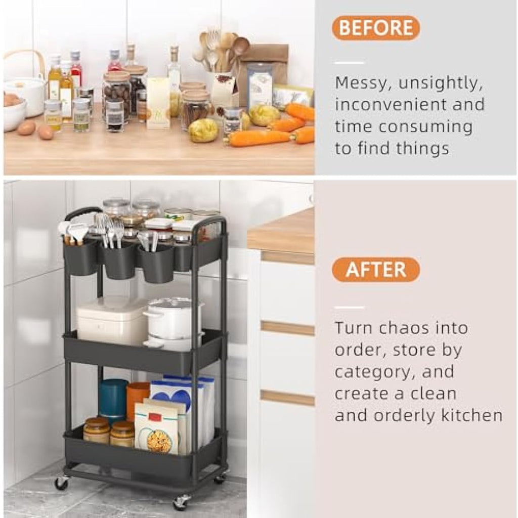 JIUYOTREE 3-Tier Rolling Utility Cart with Hanging Cups & Wheels - Black