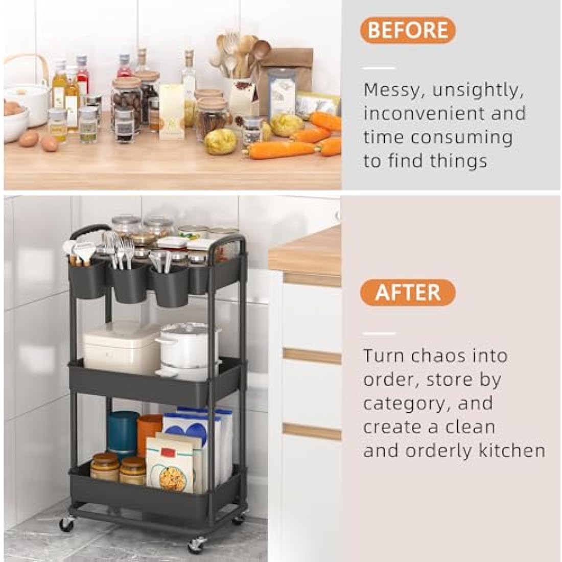 JIUYOTREE 3-Tier Rolling Utility Cart with Hanging Cups & Wheels - Black