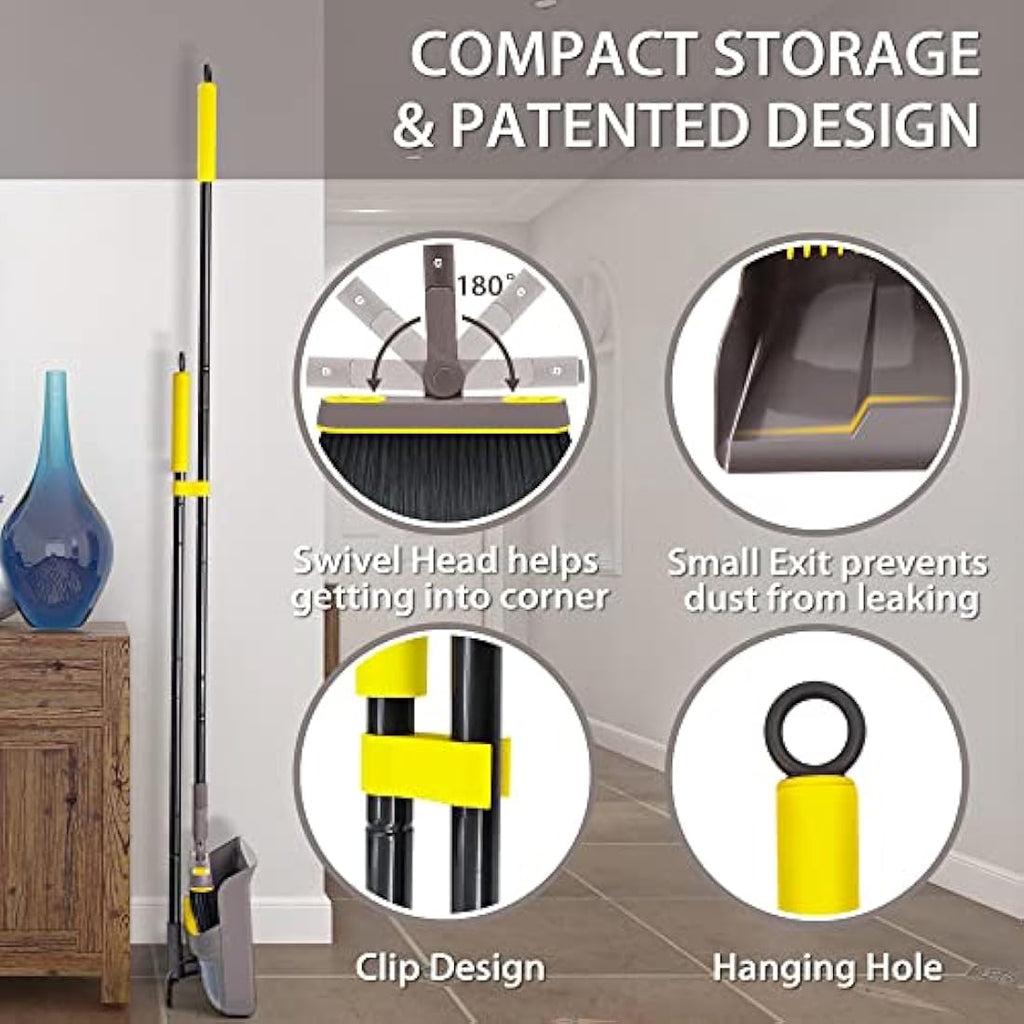 JEHONN Long Handle Dustpan and Brush Set | 180° Swivel Head Broom