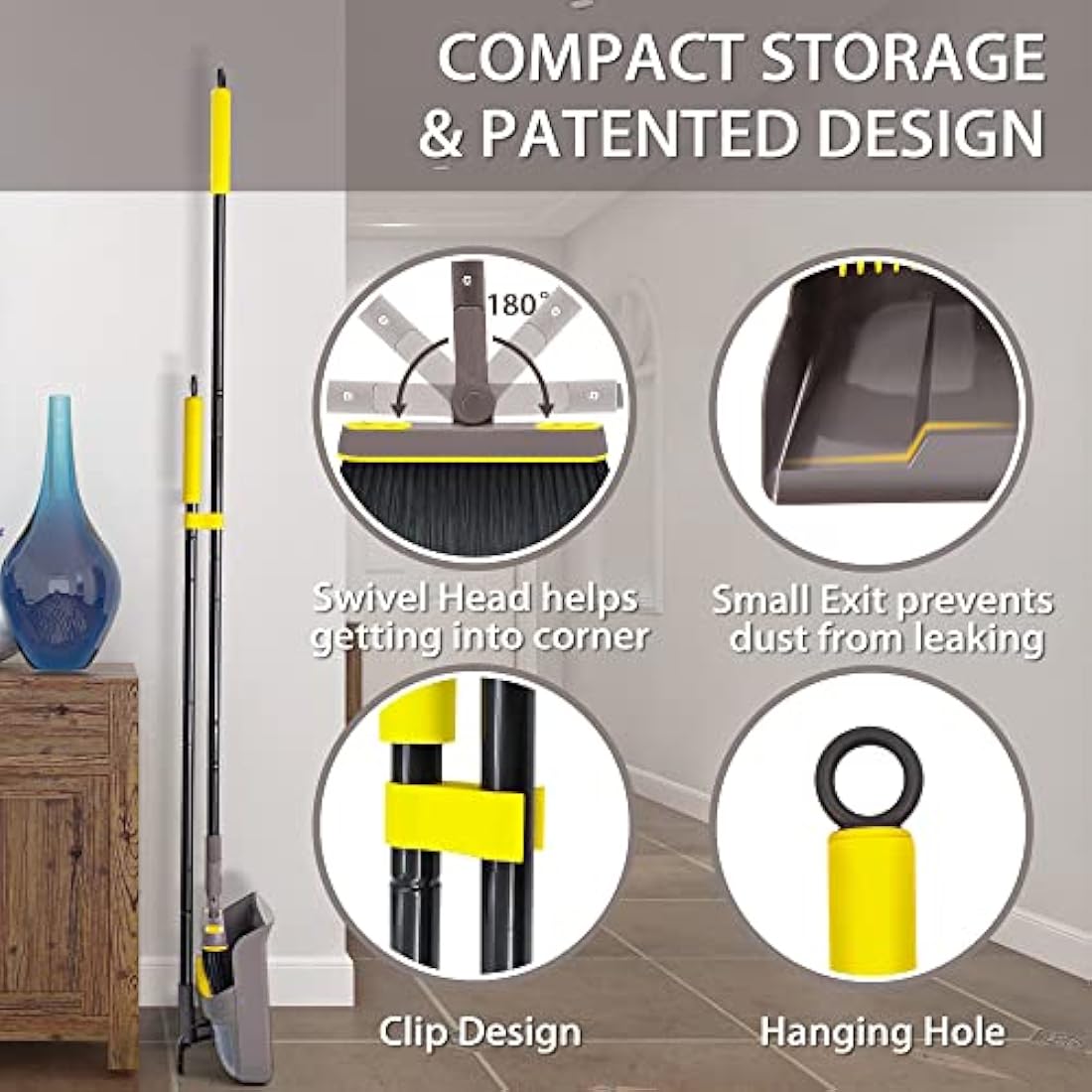 JEHONN Long Handle Dustpan and Brush Set | 180° Swivel Head Broom