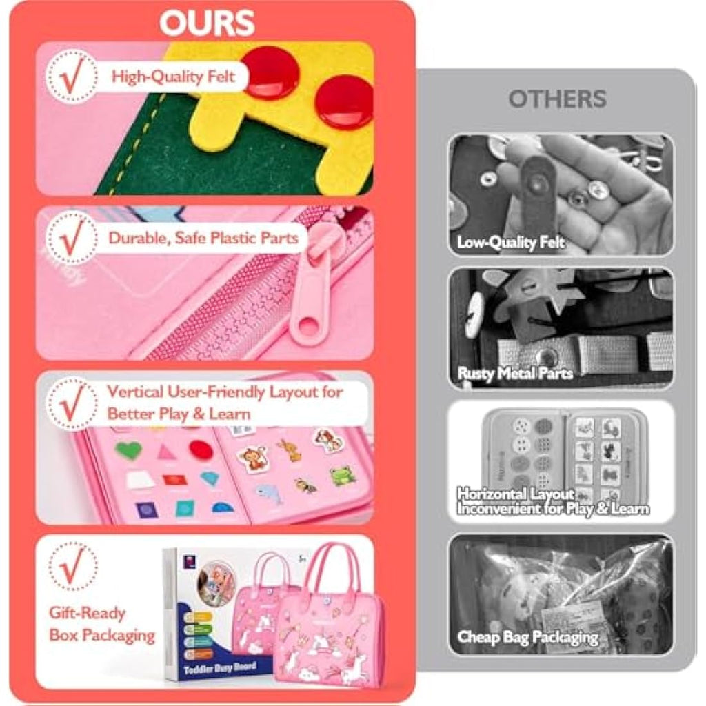 Hahaland Montessori Busy Board - 21-in-1 Sensory Travel Toy - Pink Unicorn