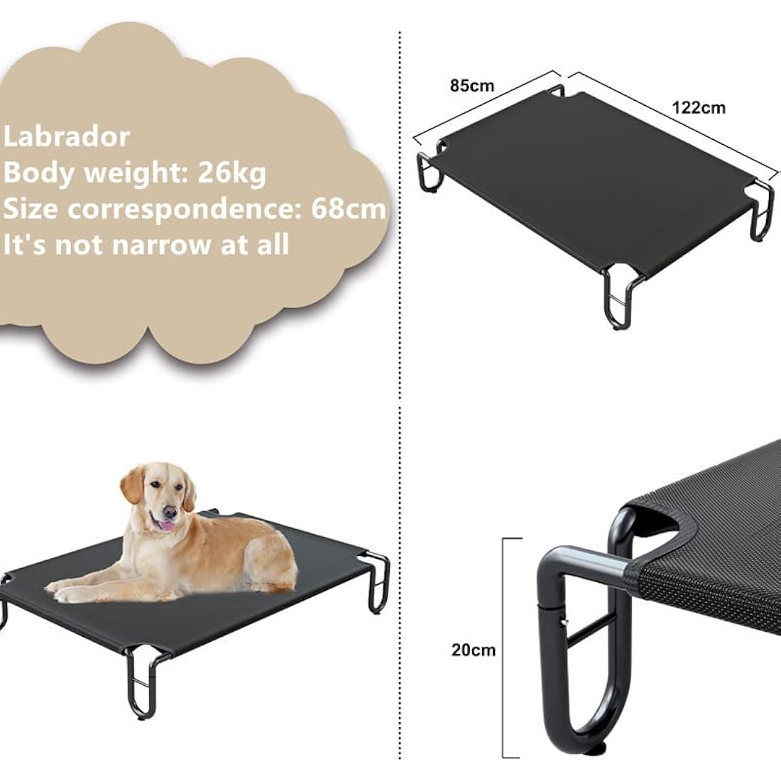 FAYDUDU Elevated Dog Bed – Large Washable Mesh Pet Cot in Black