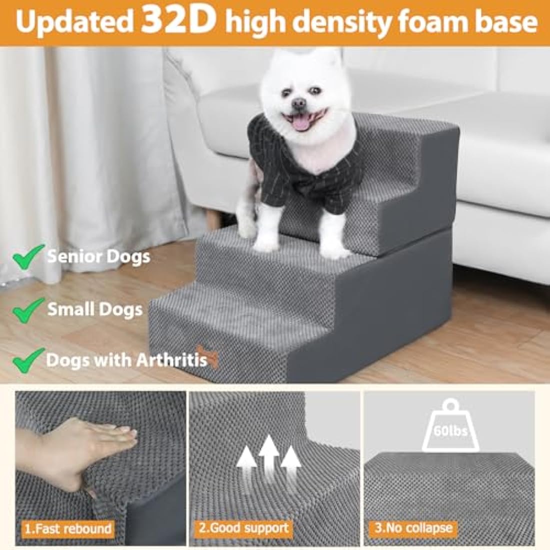 Nepfaivy 4-Step Foam Dog Stairs – Non-Slip Pet Steps for High Beds