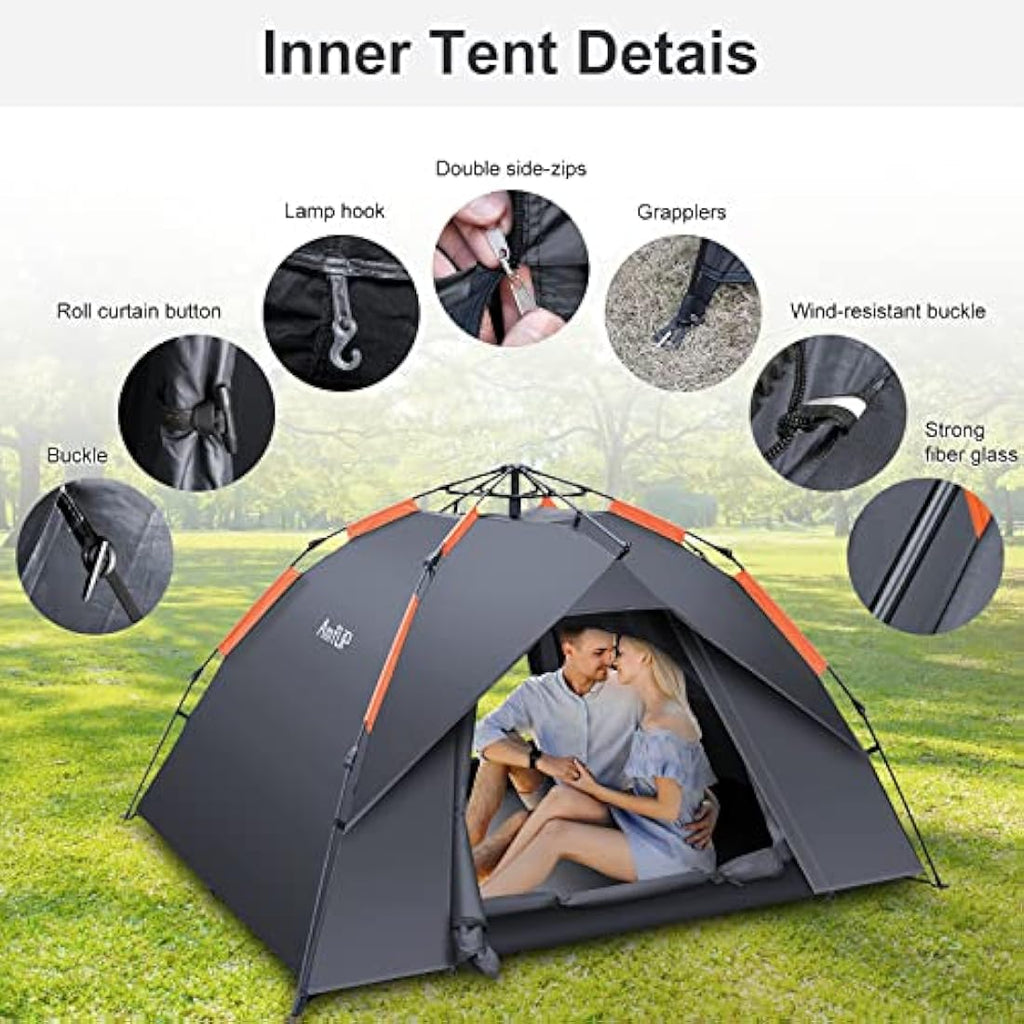 Amflip 3 Person Pop Up Camping Tent | Waterproof 4 Season Dome Tent