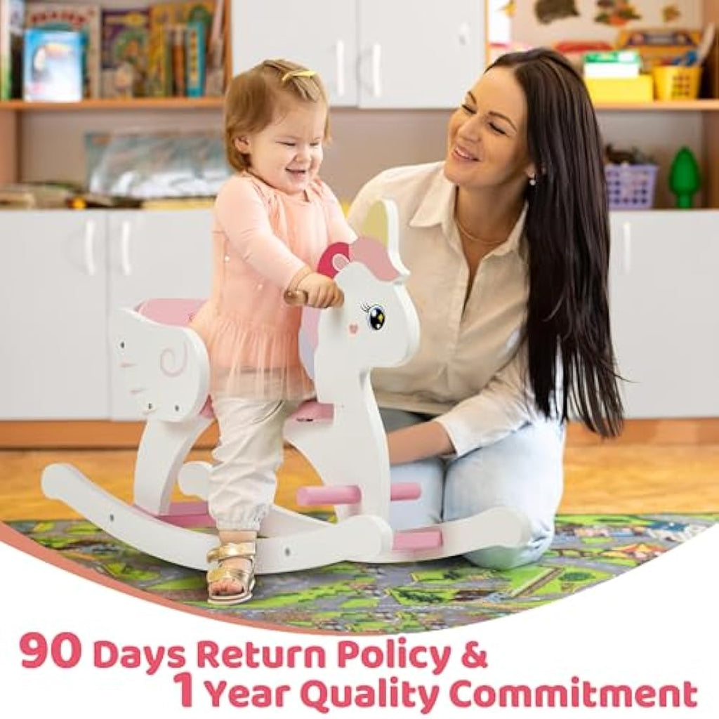 FUNLIO Wooden Unicorn Rocking Horse with Safety Belt for Ages 0.5-3 - Pink
