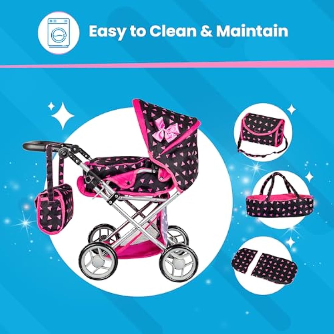 Kinderplay 3-in-1 Doll Pram – Adjustable Toy Stroller for Girls, KP0200R