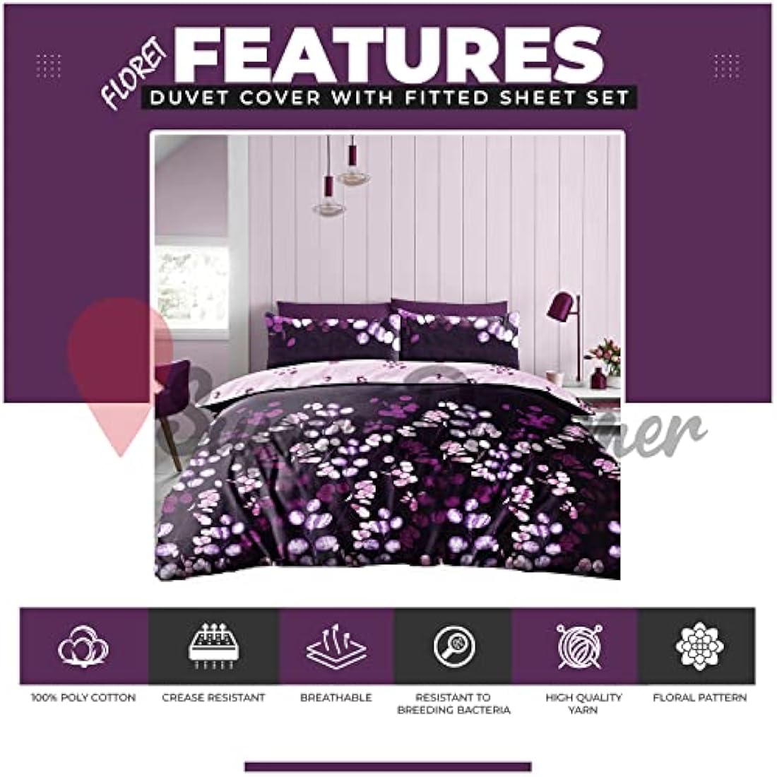 Jolof Store Purple Botanical Double Duvet Set with Fitted Sheets