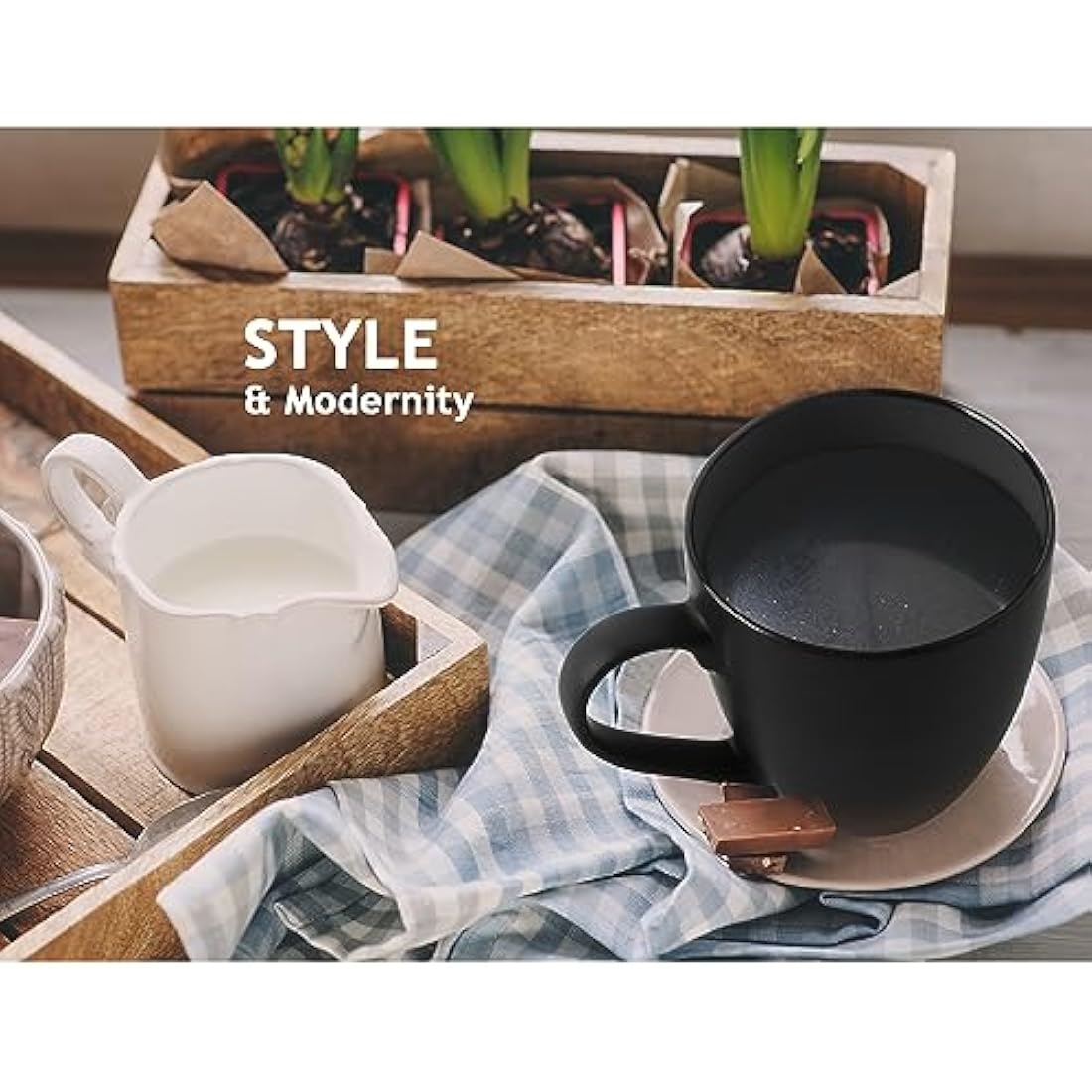 MIAMIO Stoneware Coffee Mug Set - 6 Piece Matte Black Ceramic Cups