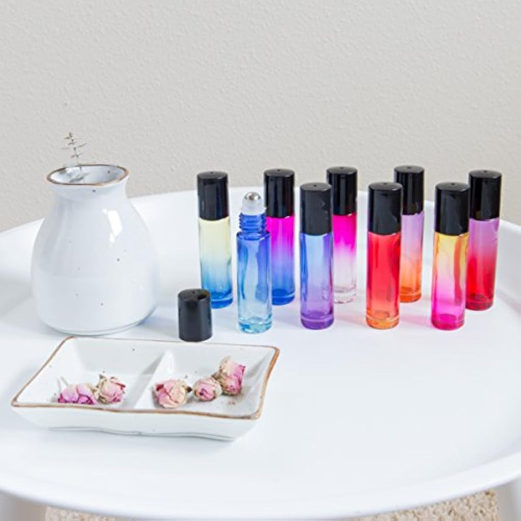 18 Pack Rainbow Glass Essential Oil Roller Bottles, 10ml