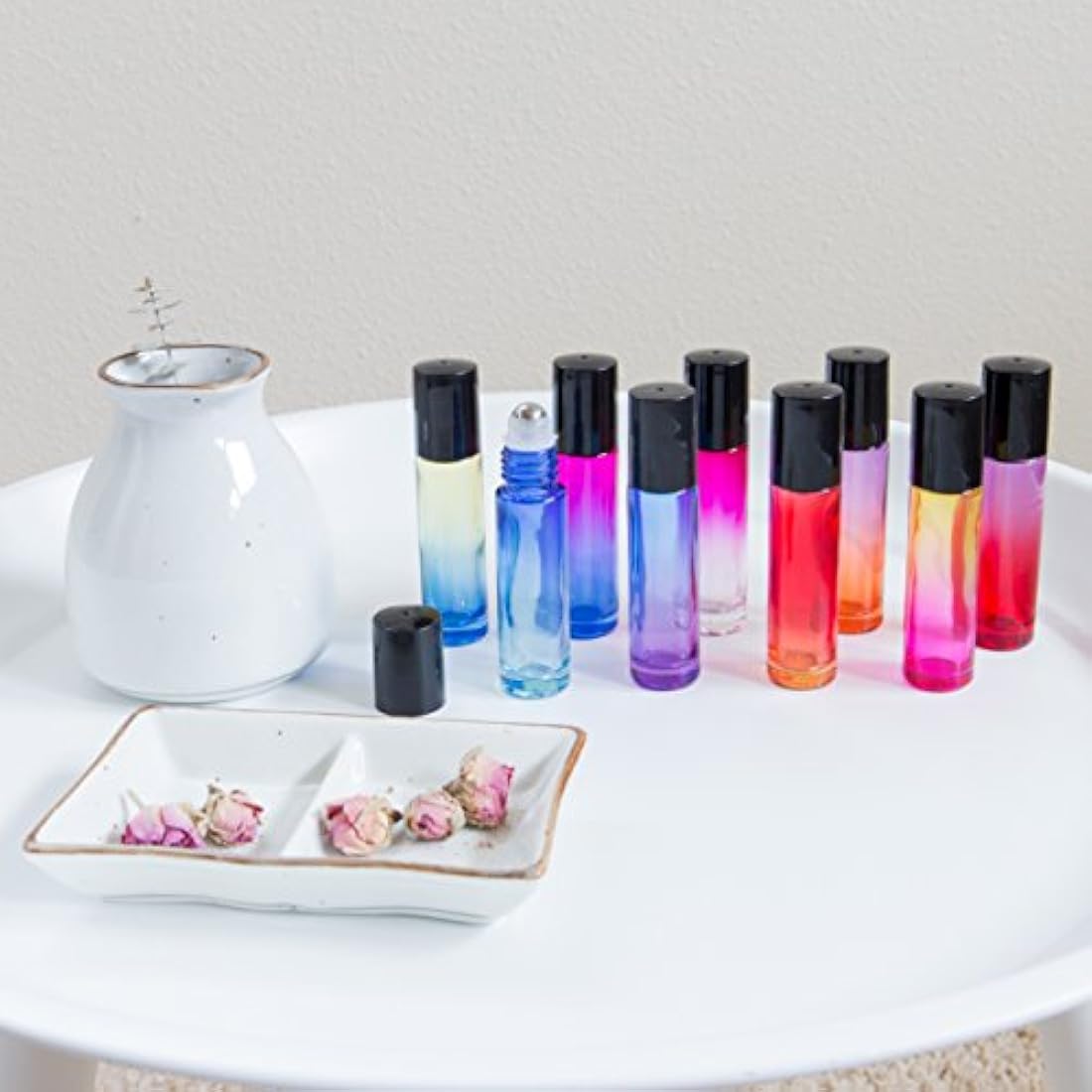 18 Pack Rainbow Glass Essential Oil Roller Bottles, 10ml