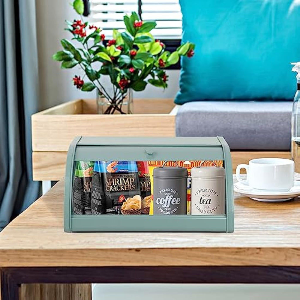 Metal Bread Box – Roll Top Countertop Storage Bin, Green