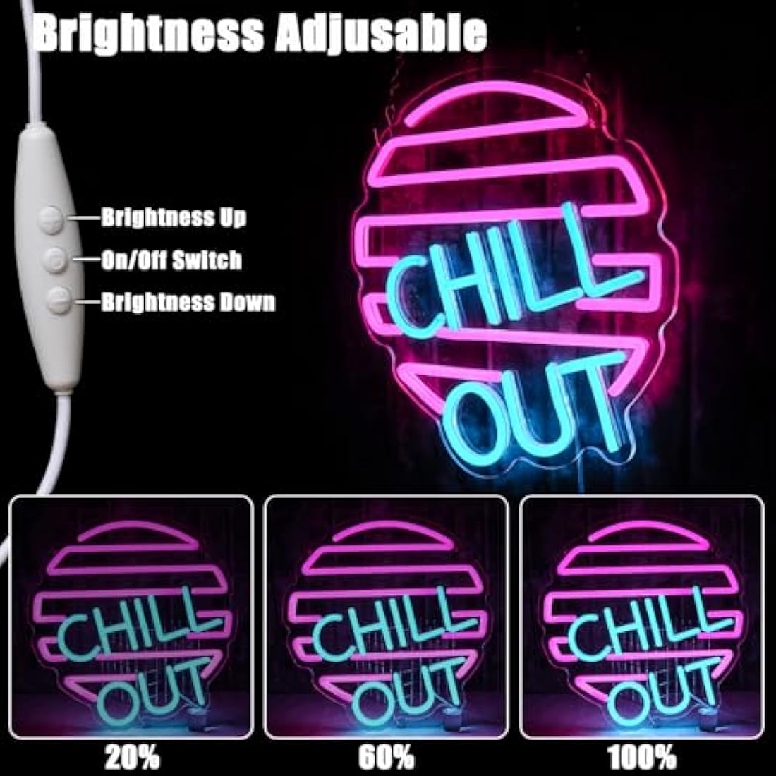 Jolof Store Chill Out Neon Sign – Blue & Pink LED Wall Decor for Game Room