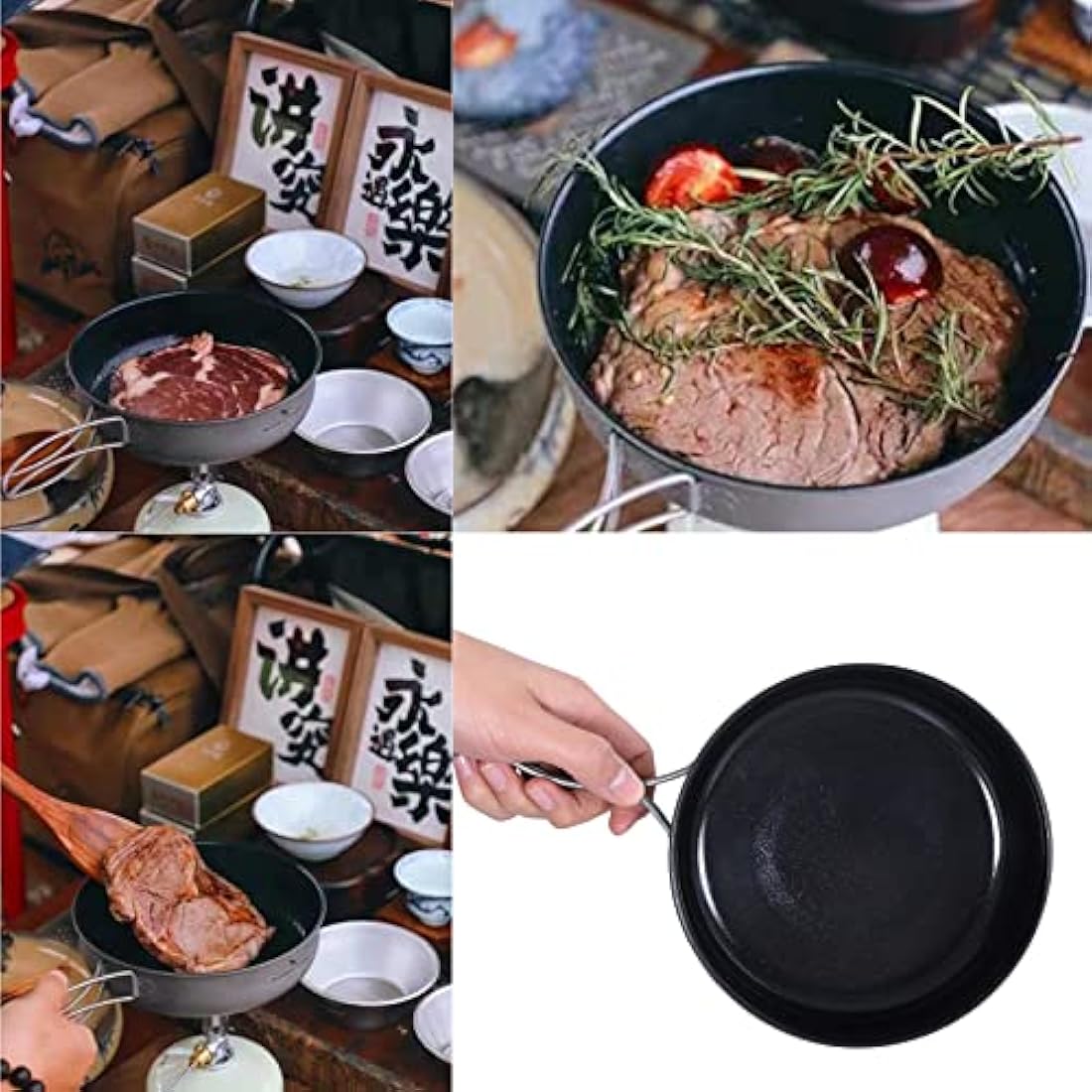 iBasingo 1000ml Titanium Camping Frying Pan with Lid & Folding Handle