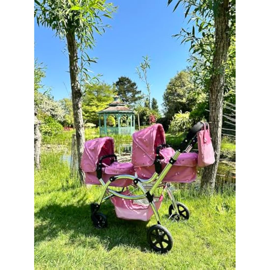 Roma Darcie Twin Dolls Pram in Pink | Adjustable Handle Double Buggy
