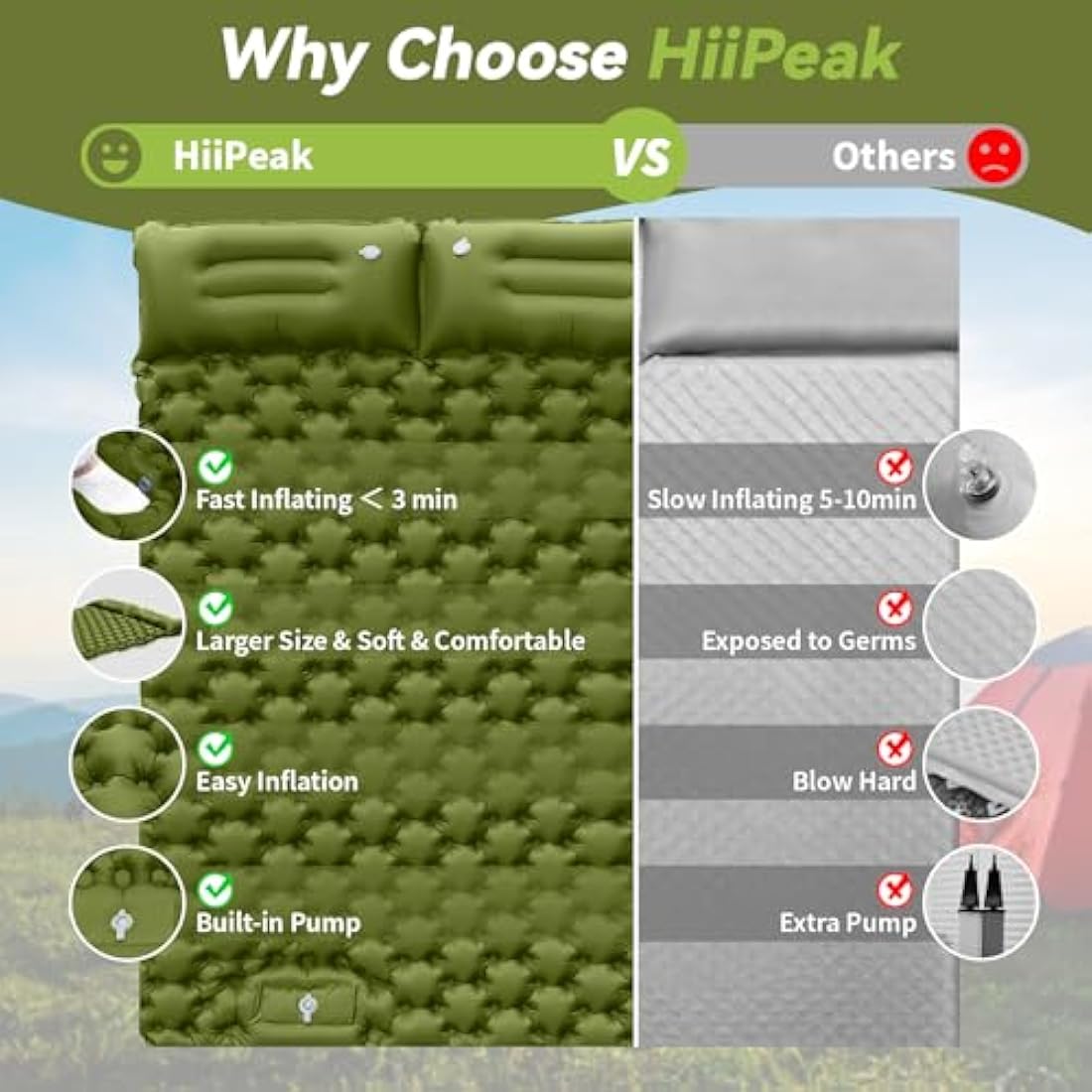 HiiPeak Double Camping Sleeping Pad | Ultralight Inflatable Mat with Pillow