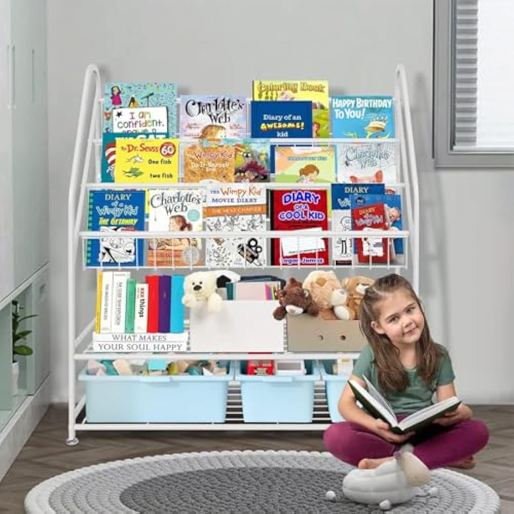 Kids Bookshelf – Metal Book and Toy Storage Organizer, White