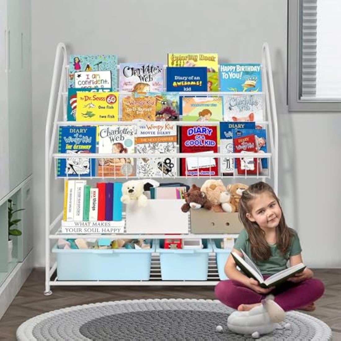 Kids Bookshelf – Metal Book and Toy Storage Organizer, White