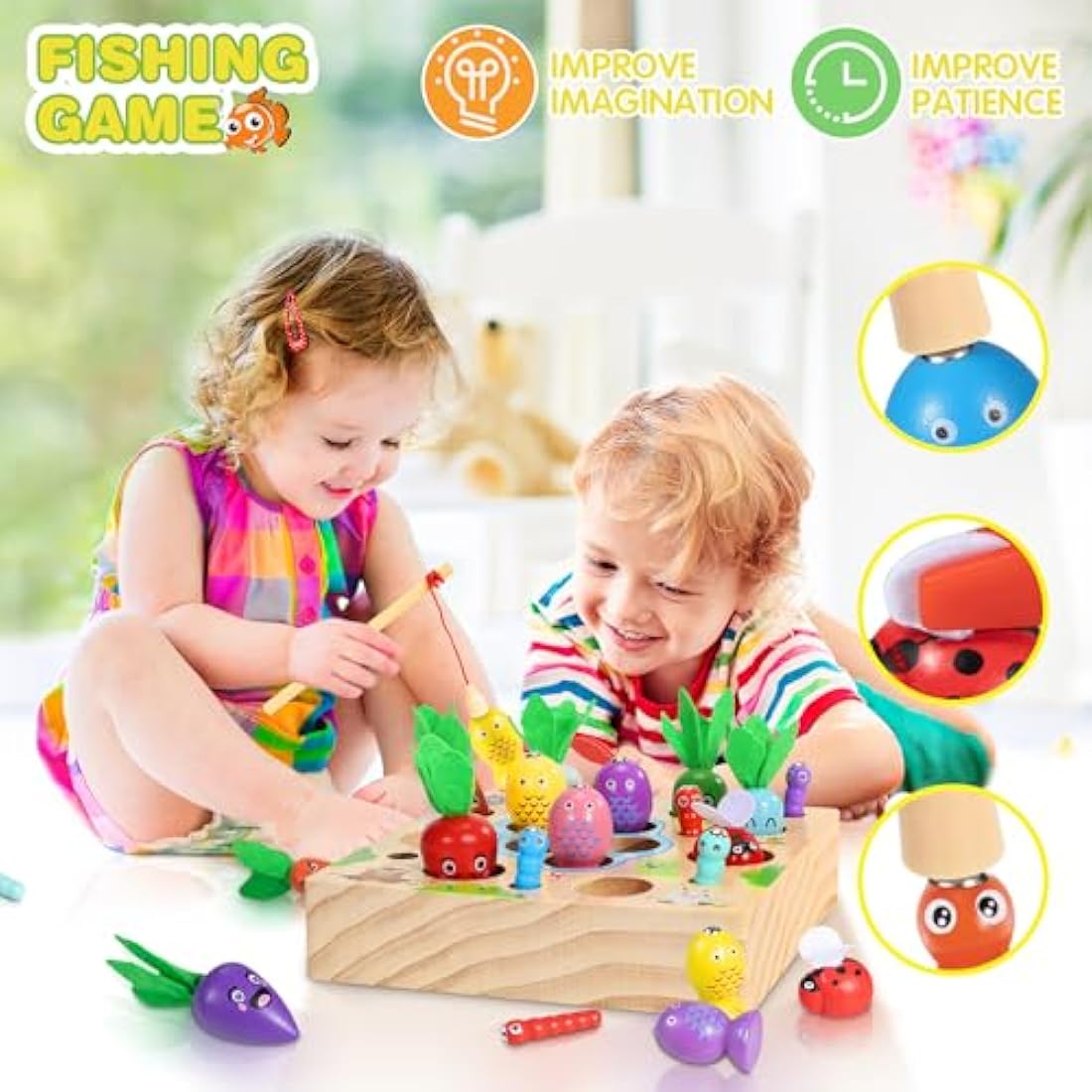 COOLJOY 4-in-1 Wooden Montessori Fishing Game and Carrot Harvest Toy