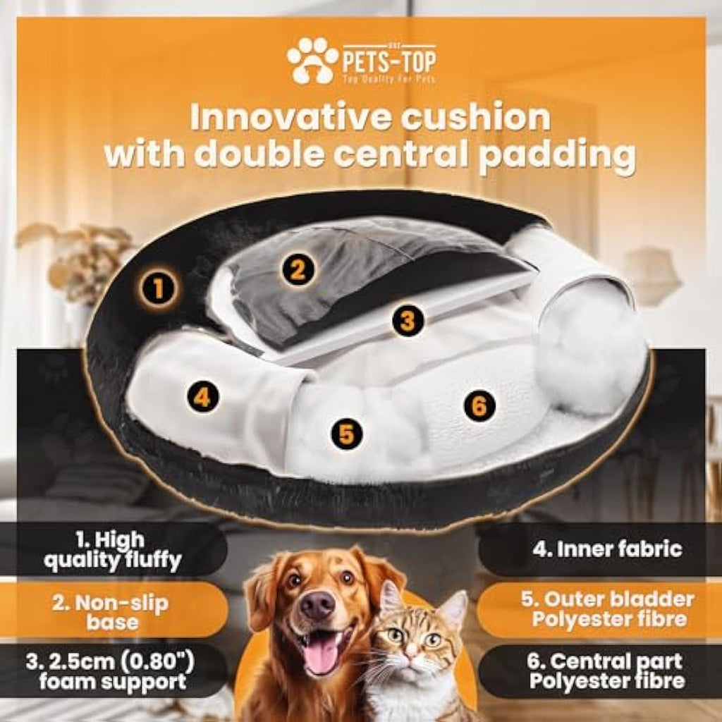 One PETS-TOP Calming Dog Bed – Washable Plush Dodo Donut, Pearl Grey 80cm