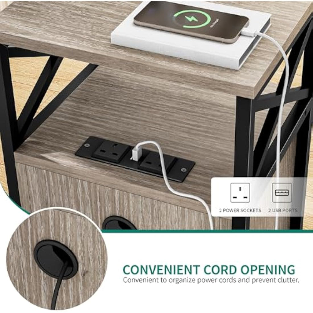 YITAHOME Side Table with Charging Station – Grey X-Shaped Bedside Table