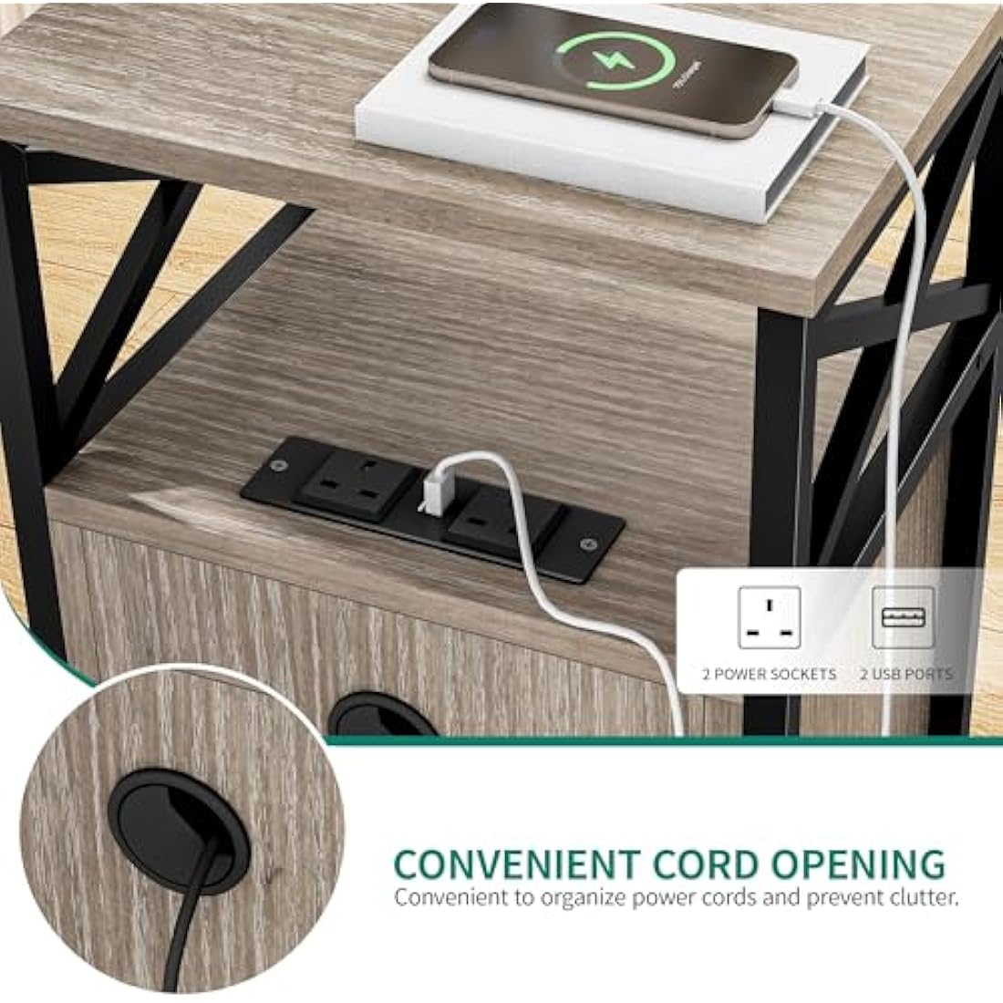 YITAHOME Side Table with Charging Station – Grey X-Shaped Bedside Table