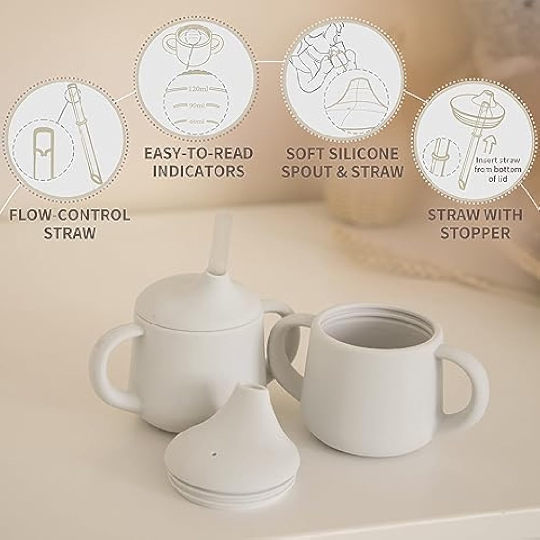 Moonkie Silicone Baby Sippy Cup | 3-Stage Transition Straw Cup - Ivory