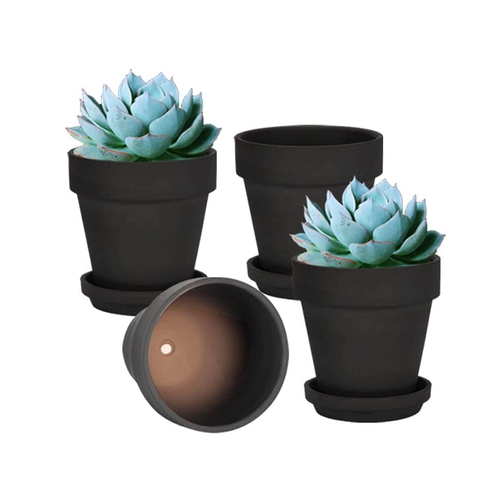 Vensovo Black Terracotta Pots with Saucers - 15cm Clay Planters, 4 Pack