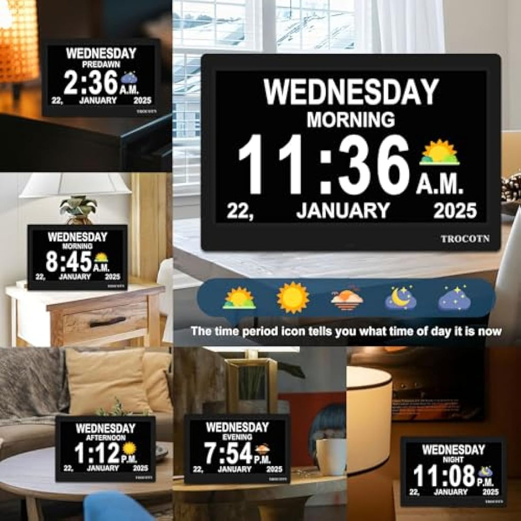 TROCOTN 10 Inch Digital Calendar Day Clock for Seniors - Large Display Black