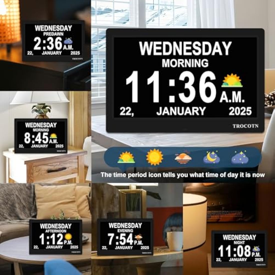 TROCOTN 10 Inch Digital Calendar Day Clock for Seniors - Large Display Black