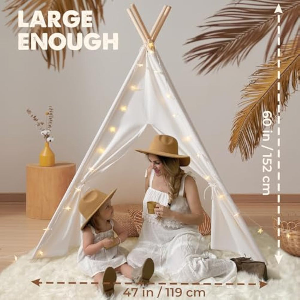 Tiny Land Kids Teepee Tent with Padded Mat & Lights | Off-White Canvas