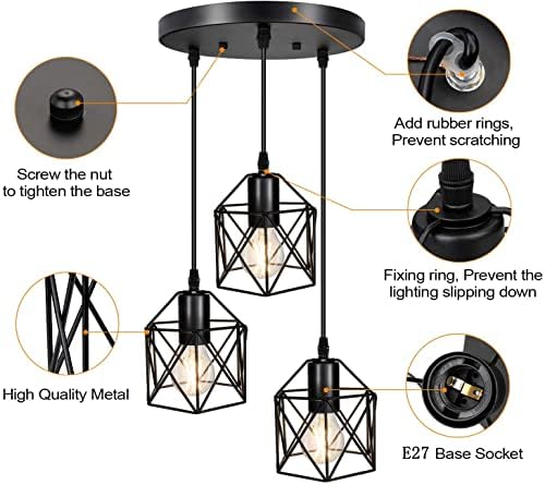 Industrial 3-Light Cage Pendant Lamp – Black Geometric