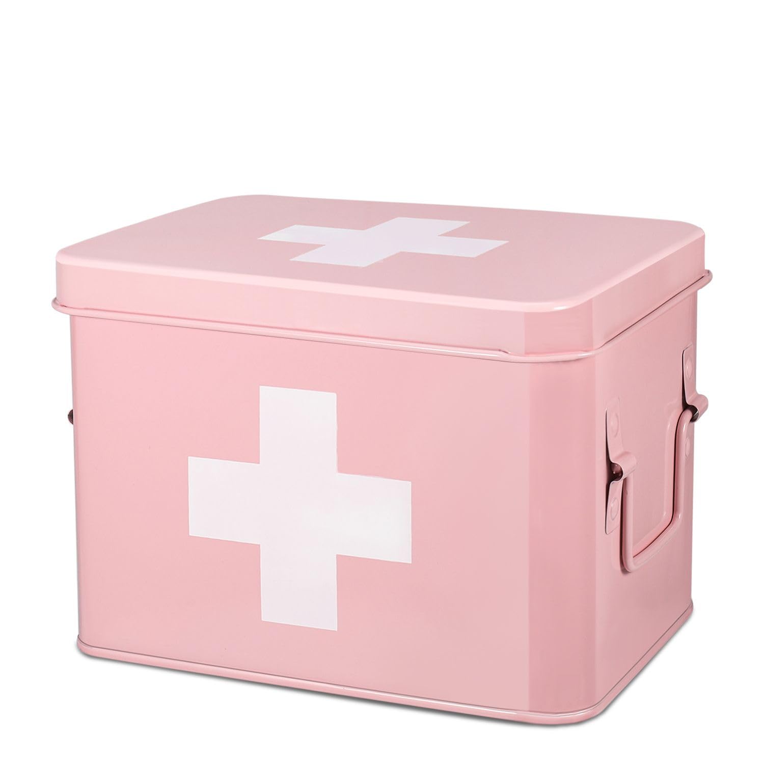 Flexzion First Aid Medicine Box – Pink Metal Storage Bin with Tray