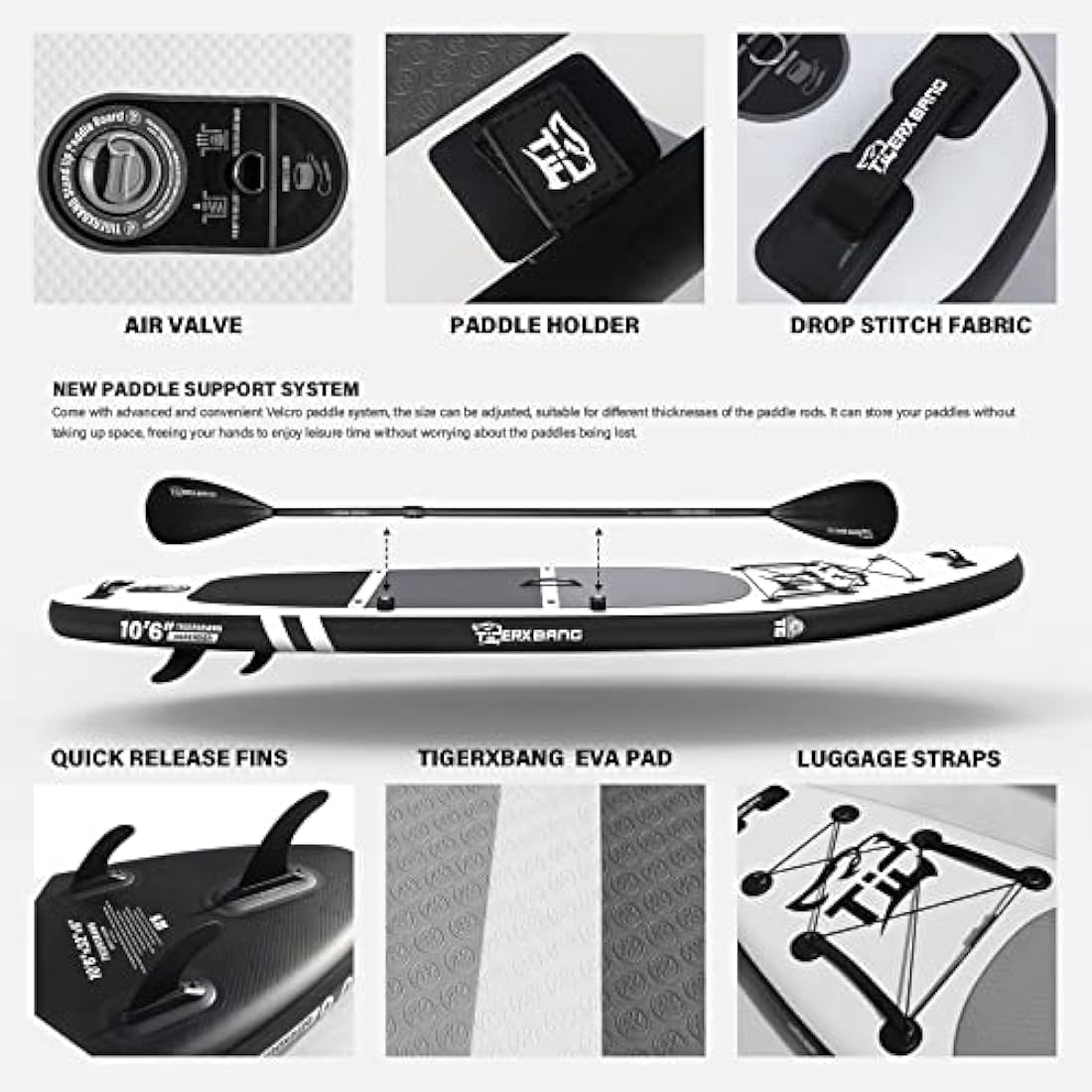 TIGERXBANG Inflatable Stand Up Paddle Board – 10'6" Military Grade SUP