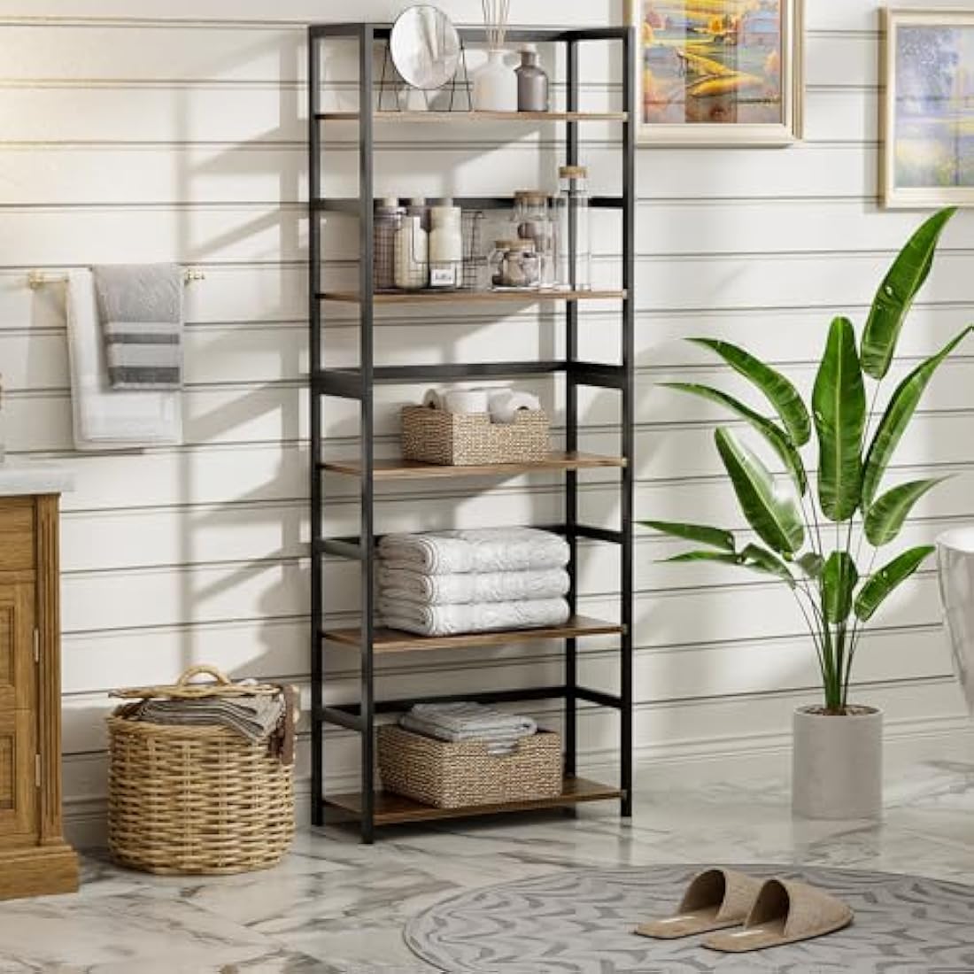 Vovala 5-Tier Industrial Bookshelf – Bamboo & Wood Standing Display Shelf