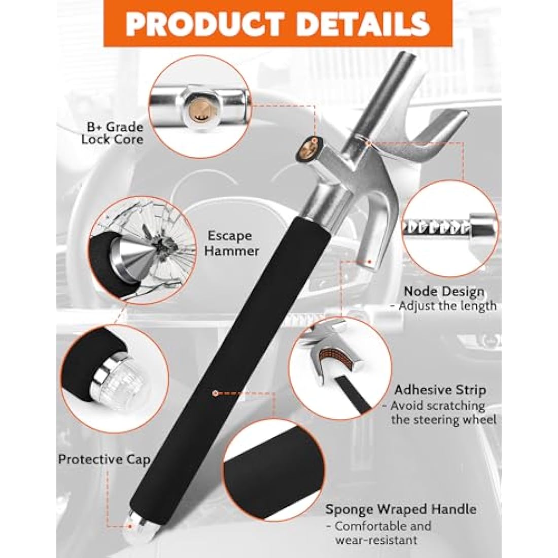 Tevlaphee Steering Wheel Lock – Universal Anti-Theft Device with Car Hammer