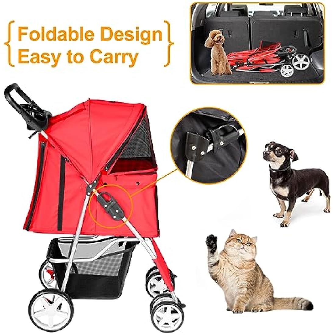 Display4top 4-Wheel Pet Travel Stroller - Foldable Dog & Cat Buggy, Red