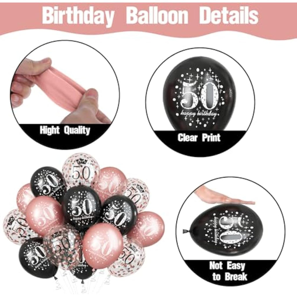 50th Birthday Balloons - 15pc Rose Gold & Black Party Decor