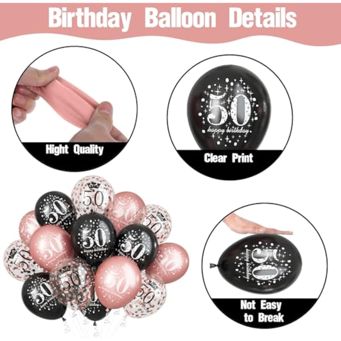 50th Birthday Balloons - 15pc Rose Gold & Black Party Decor