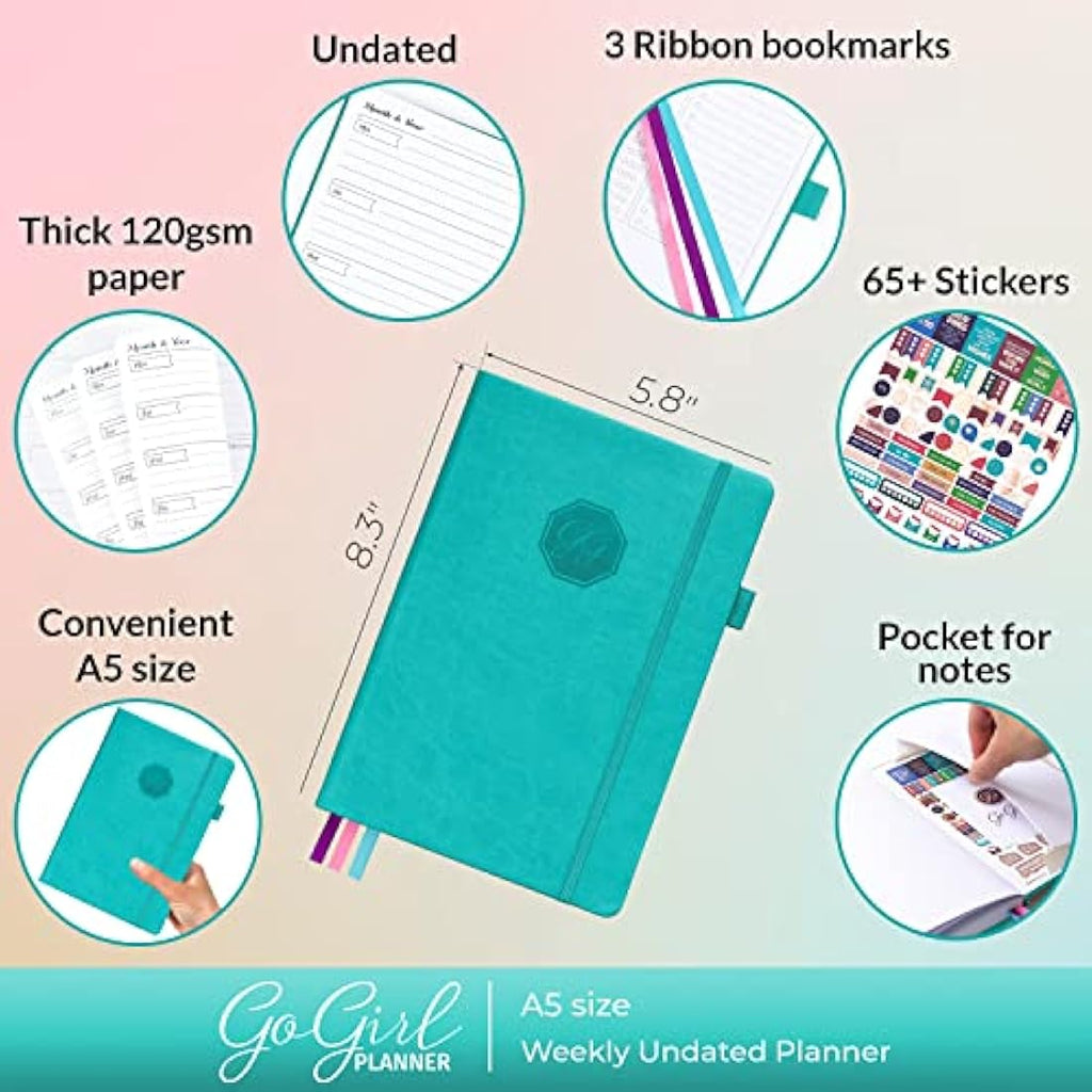 GoGirl Undated A5 Weekly Planner – Eco-Leather Goal Organizer, Turquoise