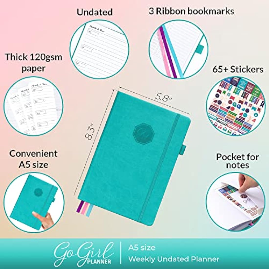 GoGirl Undated A5 Weekly Planner – Eco-Leather Goal Organizer, Turquoise