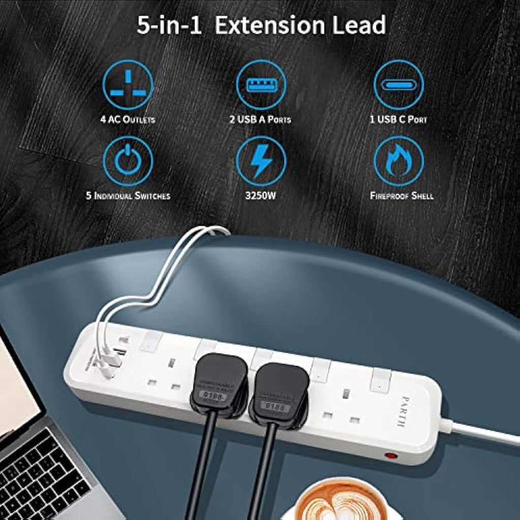 PARTH 4 Way Extension Lead with USB C PD 18W - 3m Surge Protected Strip