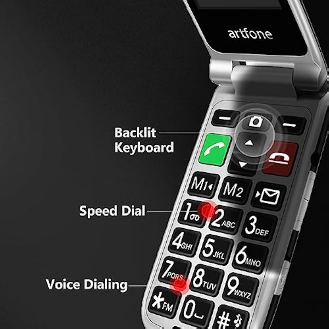 Artfone CF241 Flip Phone for Seniors – Big Button Unlocked GSM Mobile, Red