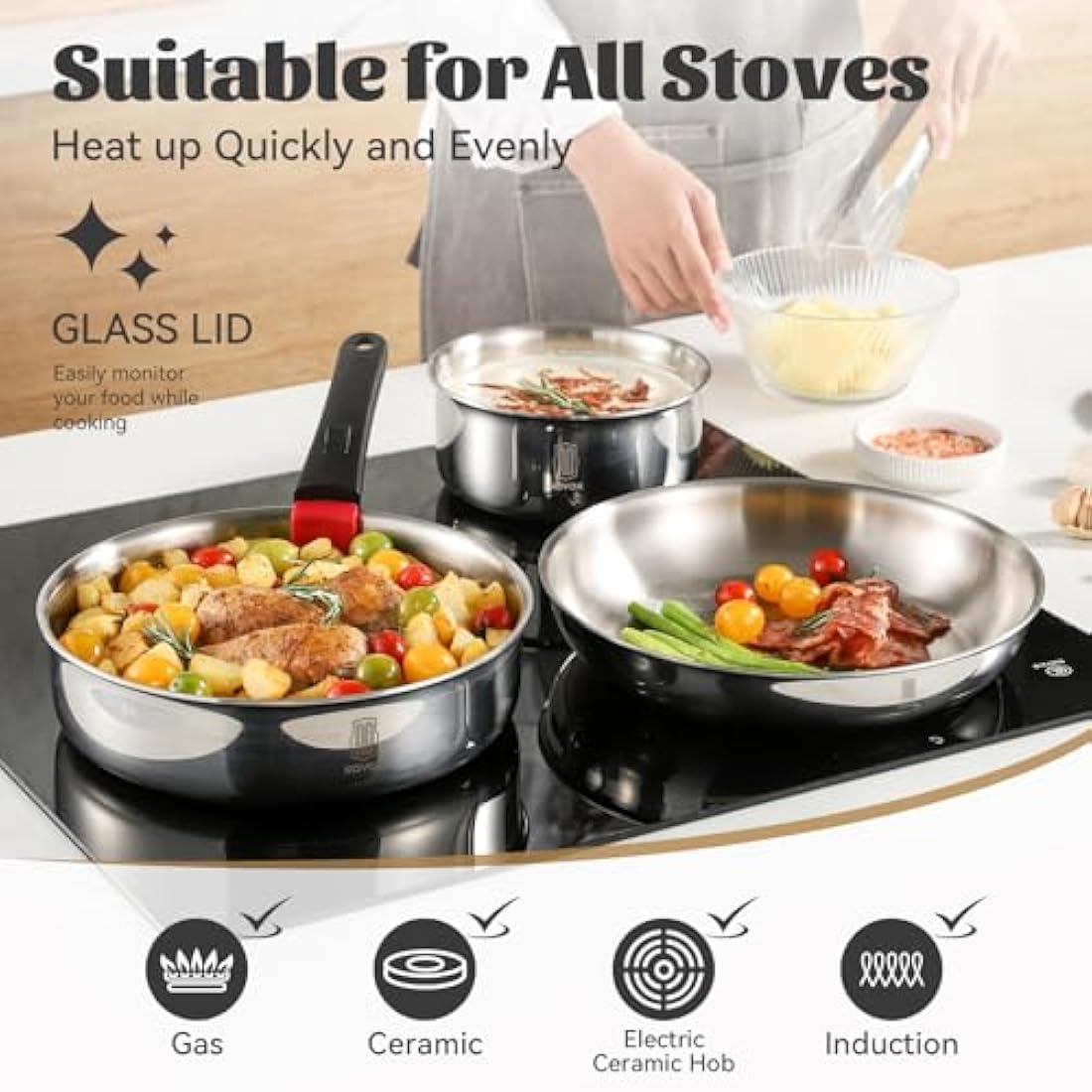 ROYDX 16-Piece Stainless Steel Cookware Set with Detachable Handles