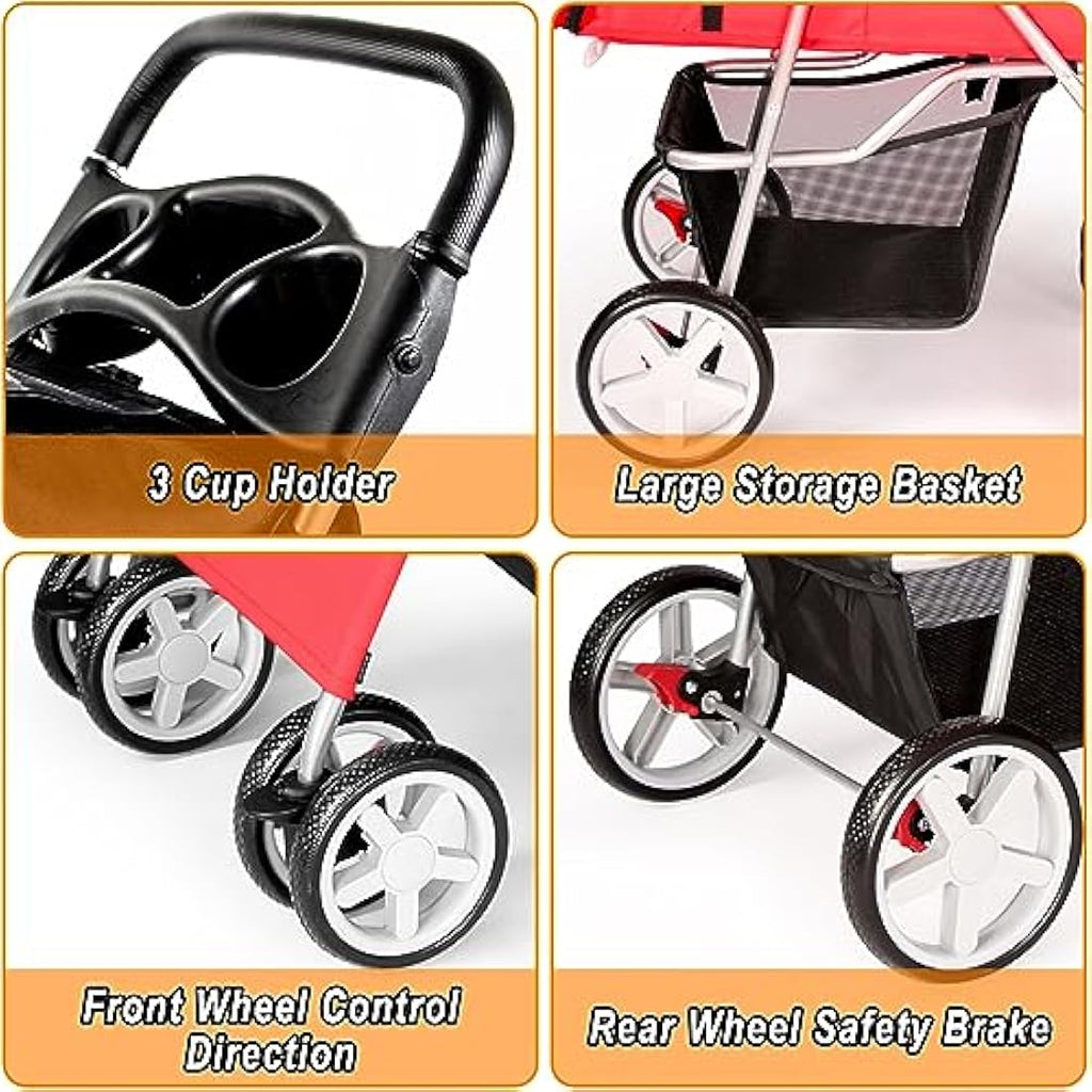 Display4top 4-Wheel Pet Travel Stroller - Foldable Dog & Cat Buggy, Red